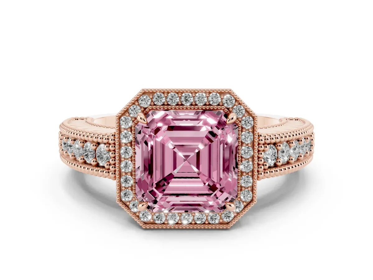 Fancy Pink Asscher Cut Cut Halo Diamond Ring with Pavé Band and Four-Prong Setting Rose gold