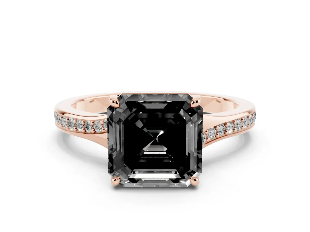 Fancy Black Asscher Cut Diamond Solitaire Ring with Pavé Band and Prong Setting Rose gold
