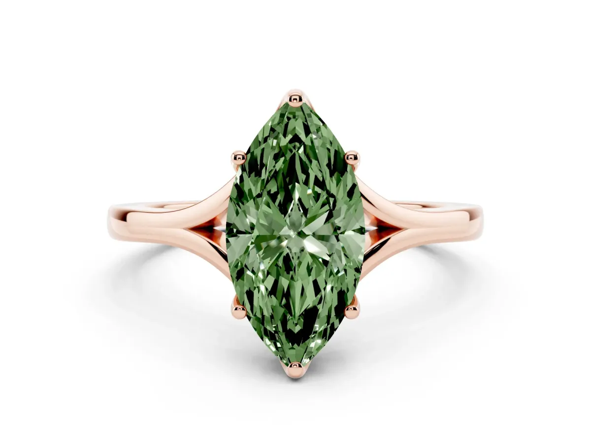 Fancy Green Marquise Cut Solitaire Diamond Ring with Six-Prong Setting and Tapered Band Rose gold