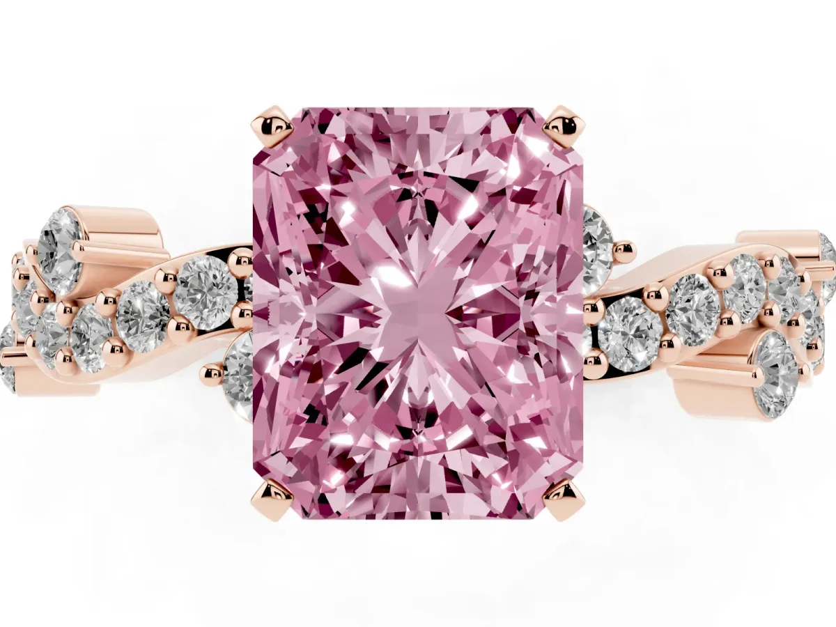 Fancy Pink Radiant Cut Cut Solitaire Diamond Twisted Band with Pave Setting Rose gold