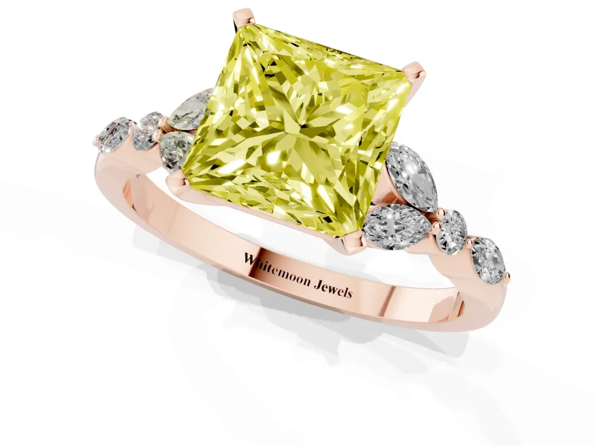 Fancy Yellow Princess Cut Diamond Solitaire Ring with Side Stones and Four-Prong Setting Rose gold
