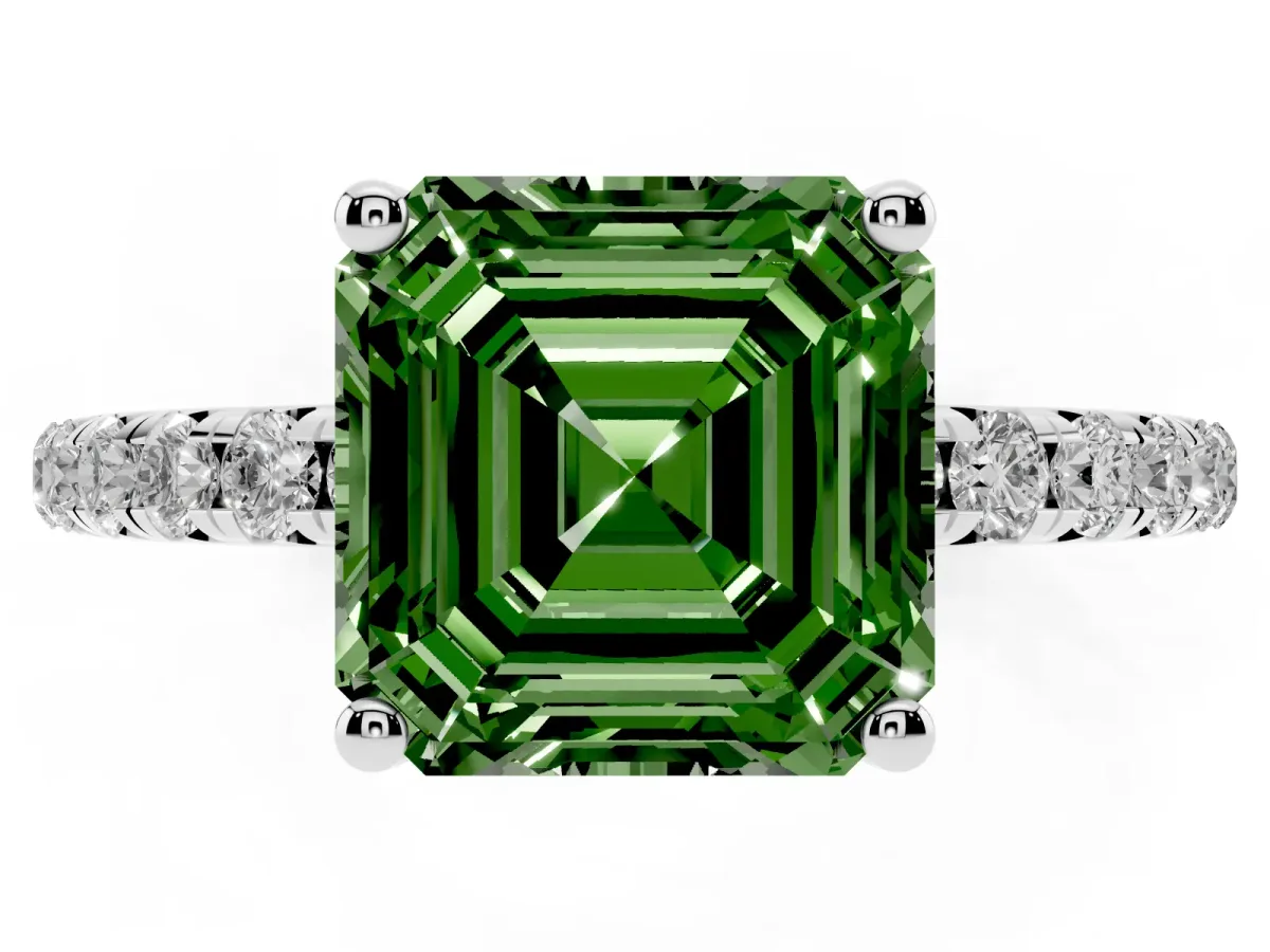 Fancy Green Asscher Cut Cut Diamond Solitaire Ring with Micro Pave Band and Four Prong Setting Platinum