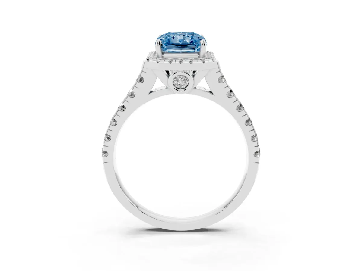 Fancy Blue Radiant Cut Halo Pavé Diamond Engagement Ring with Four-Prong Setting Silver