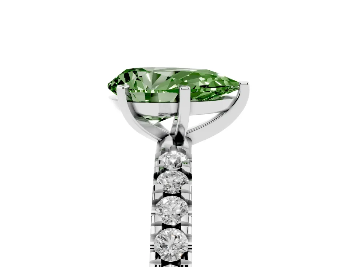 Fancy Green Pear Cut Diamond Pavé Band Solitaire with Four-Prong Setting Silver