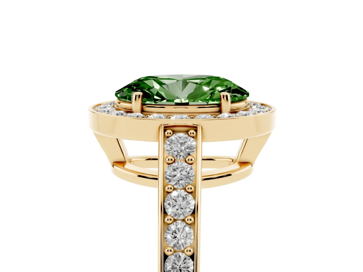 Fancy Green Oval Cut Halo Pavé Diamond Engagement Ring with Bezel Setting Yellow gold