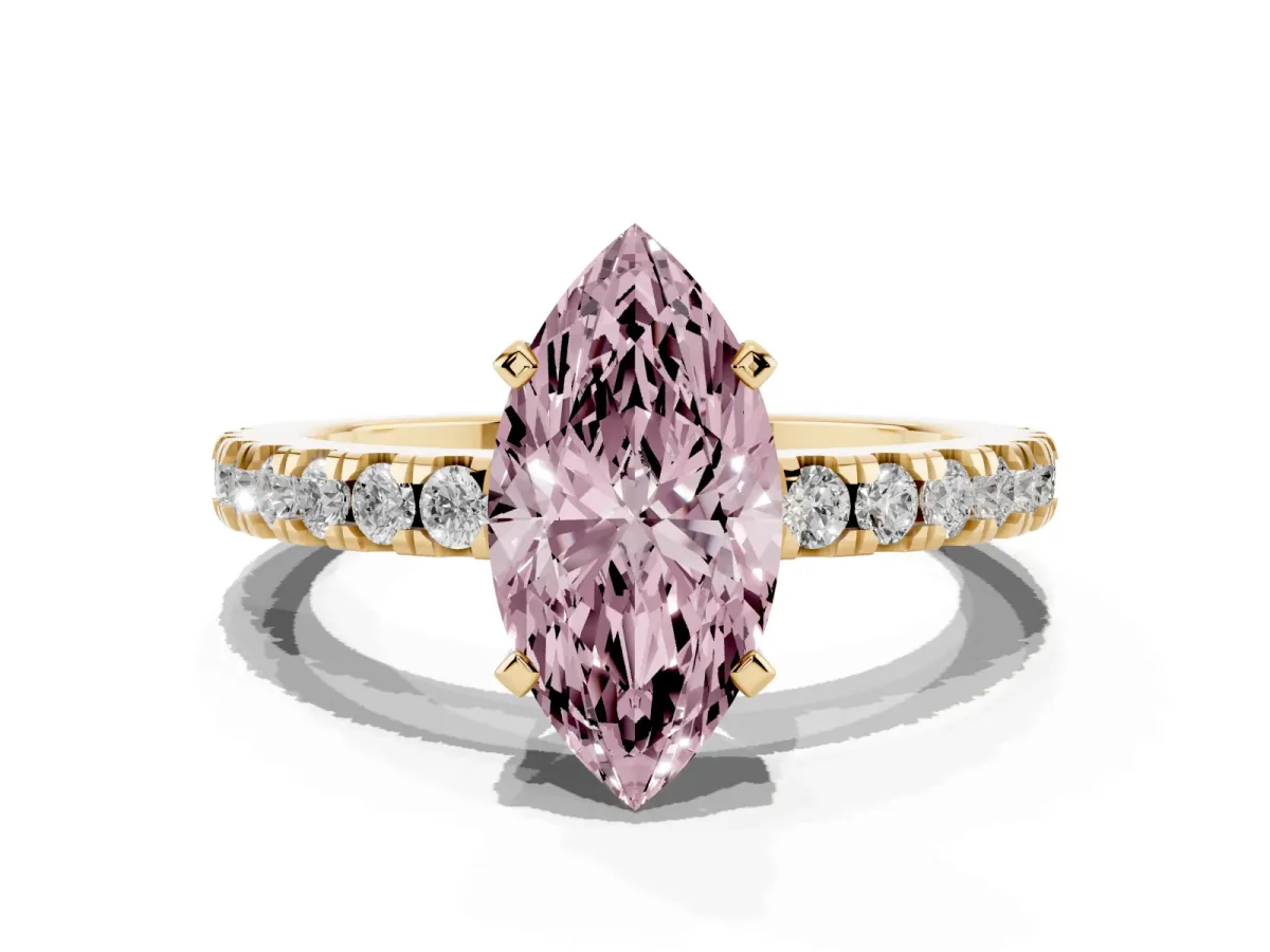 Fancy Pink Marquise Cut Solitaire Diamond with Pavé Band and Four-Prong Setting Yellow gold