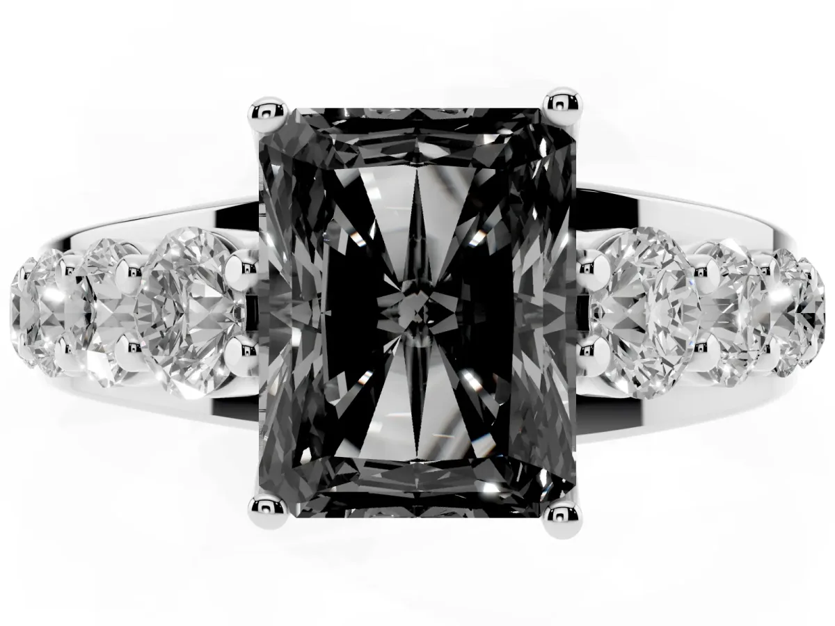 Fancy Black Radiant Cut Diamond Engagement Ring with Pavé Band and Four-Prong Setting Silver