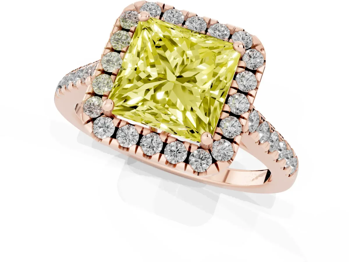 Fancy Yellow Princess Cut Halo Pavé Diamond Engagement Ring with Four-Prong Setting Rose gold