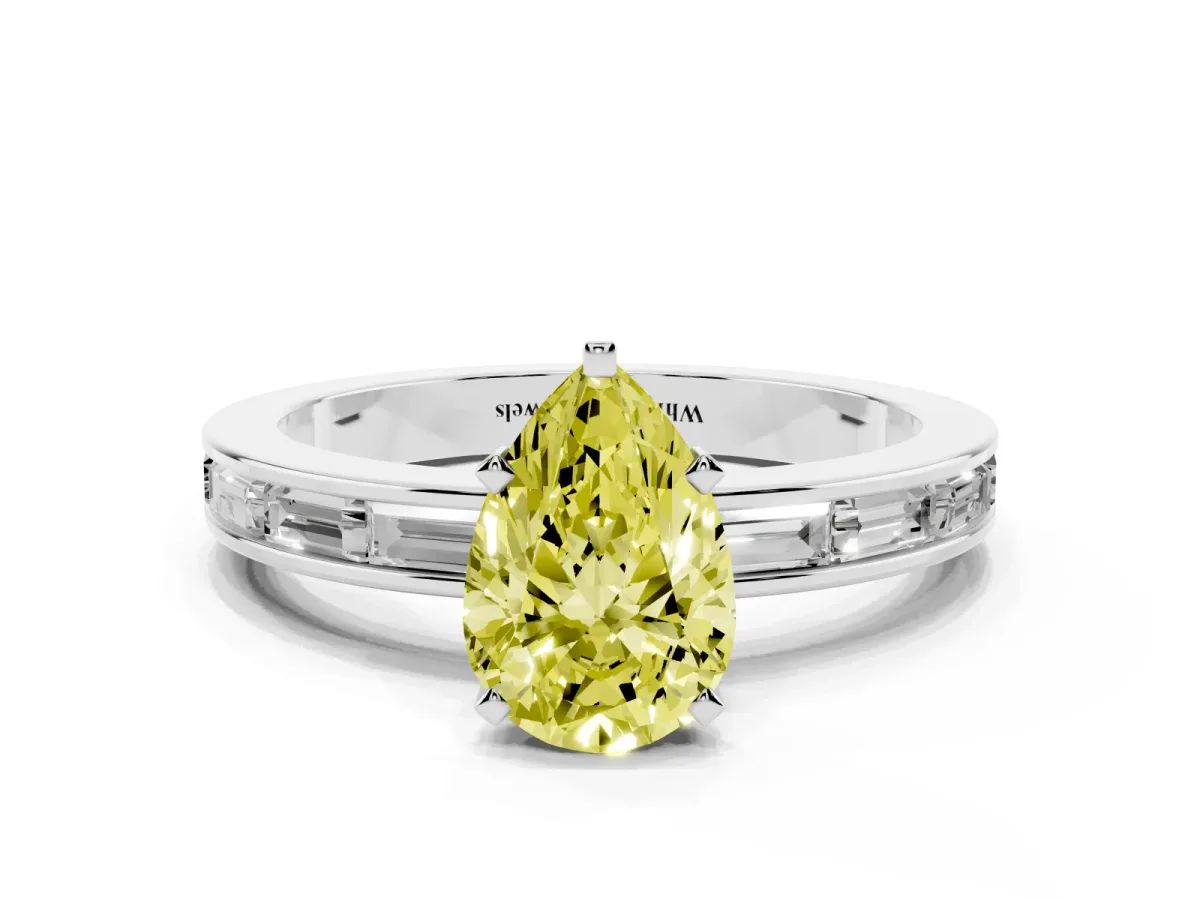 Fancy Yellow Pear Cut Solitaire Diamond Ring with Channel-Set Baguette Band and Four-Prong Setting Silver