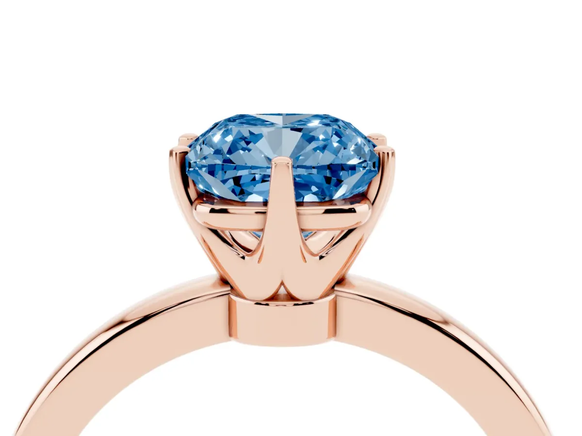 Fancy Blue Cushion Cut Solitaire Diamond Ring with Six-Prong Setting on a Classic Band Rose gold