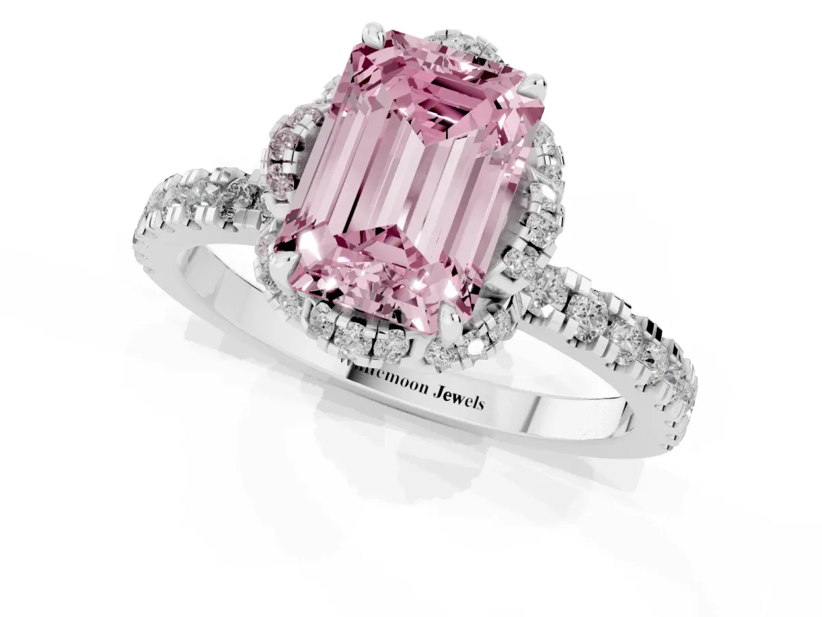 Fancy Pink Emerald Cut Halo Diamond Pave Band Ring with Four-Prong Setting Silver