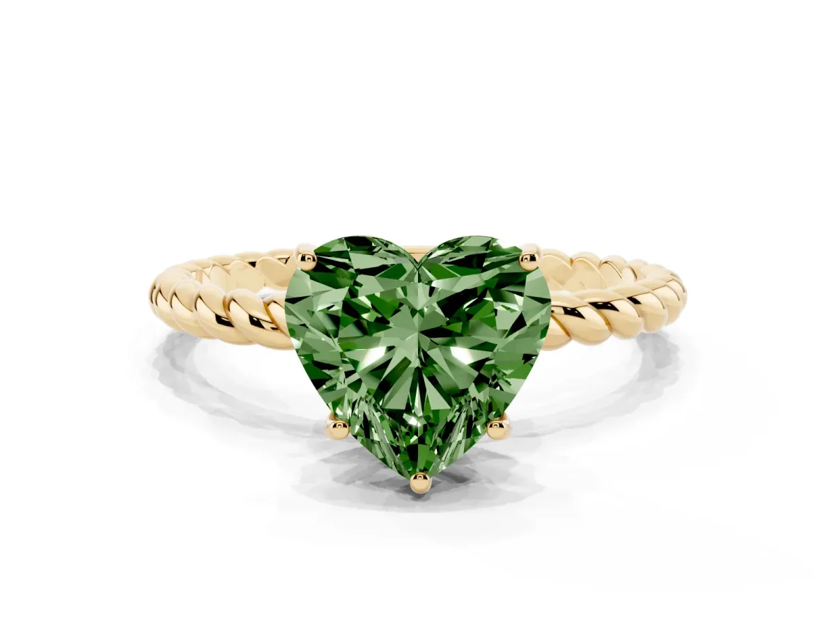 Fancy Green Heart Cut Solitaire Twist Band Ring with Four-Prong Setting Yellow gold