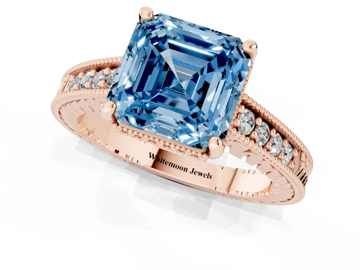Fancy Blue Asscher Cut Solitaire Pavé Diamond Milgrain Engagement Ring with Four-Prong Setting Rose gold