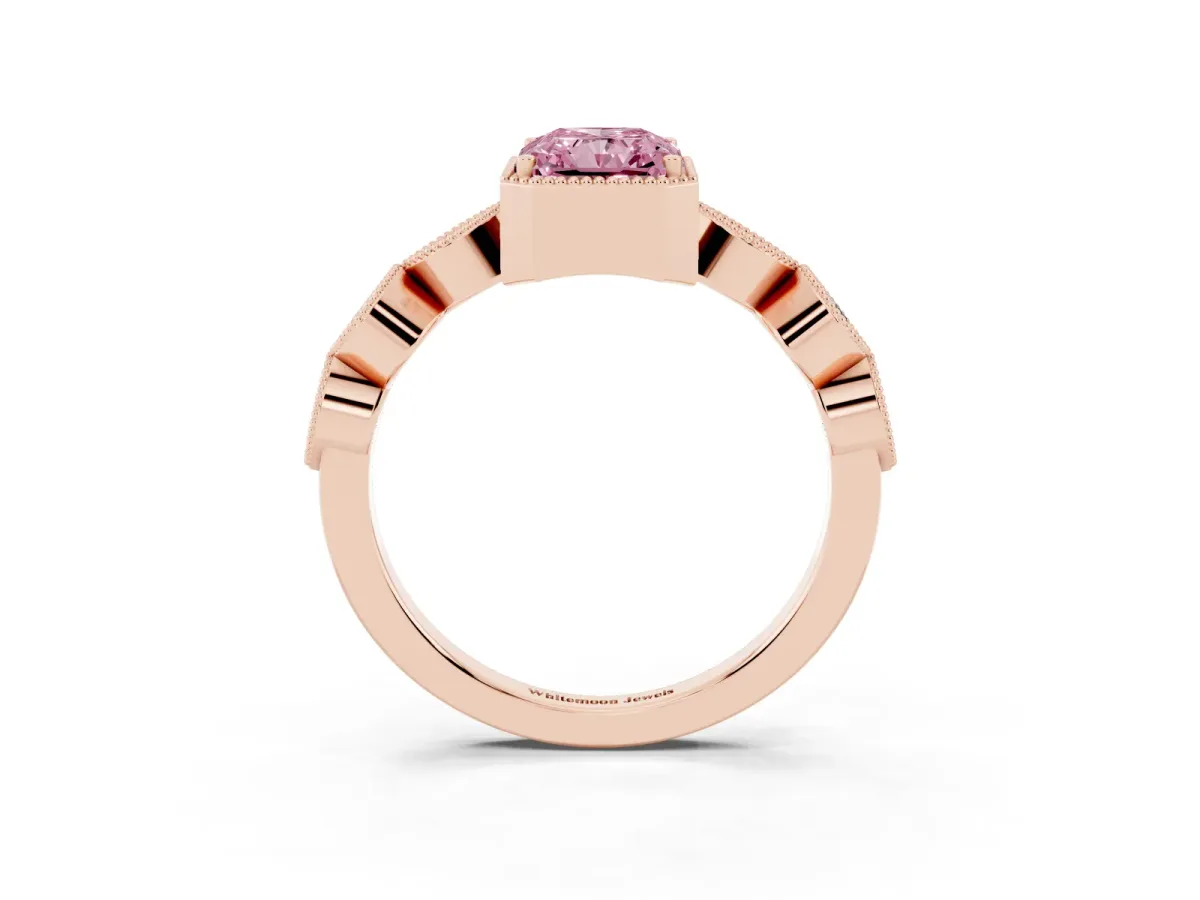 Fancy Pink Radiant Cut Diamond Vintage Milgrain Ring with Round Stations Rose gold