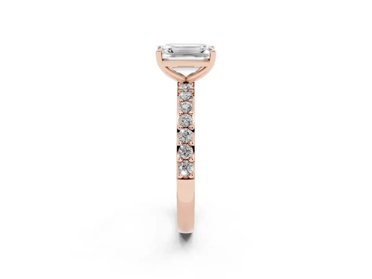 Emerald Cut Cut Diamond Solitaire with Pave Band and Four-Prong Setting Rose gold