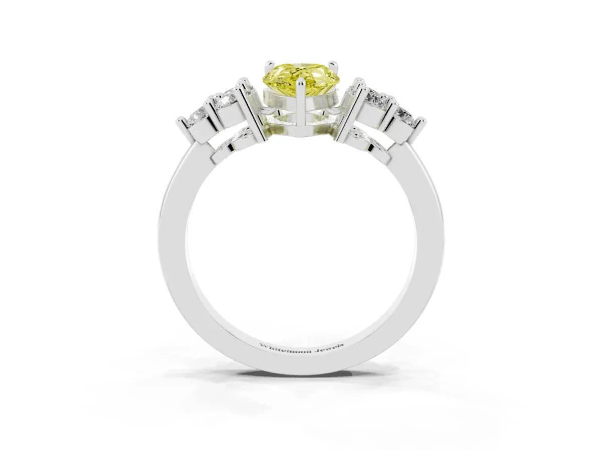 Fancy Yellow Pear Cut Brilliant Diamond Cluster Accent Solitaire Ring with Prong Setting Silver