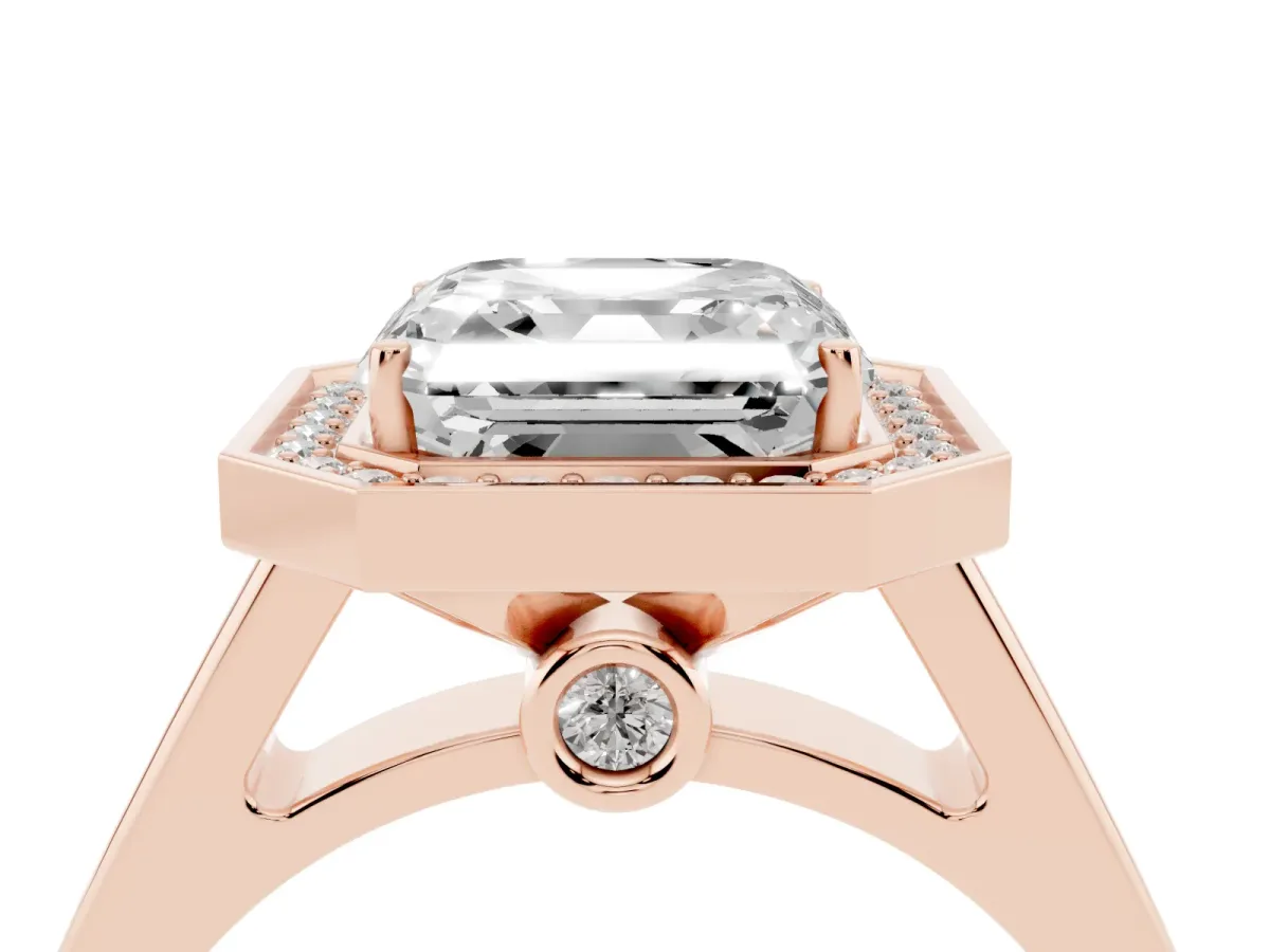 Asscher Cut Halo Solitaire Diamond Ring with Pave Band and Bezel Setting Rose gold