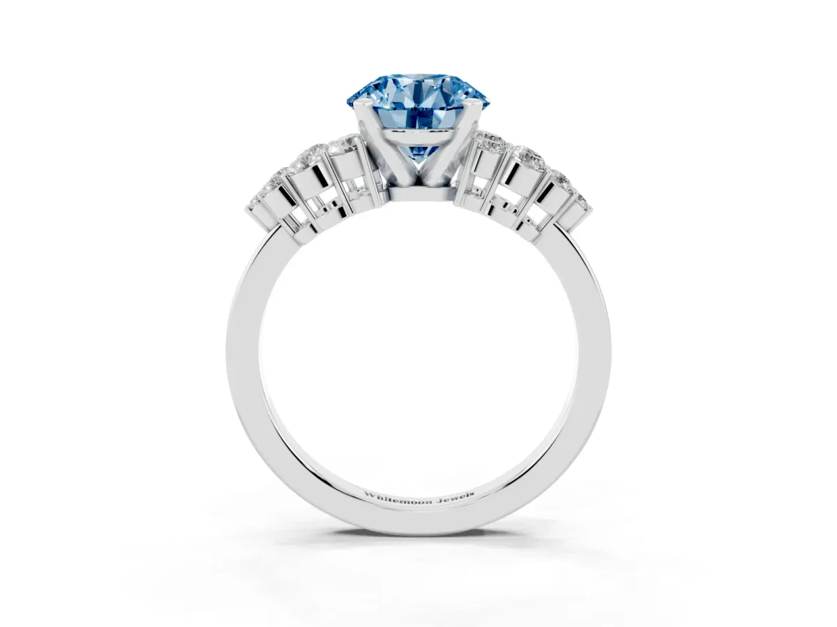 Fancy Blue Round Cut Cluster Diamond Engagement Ring with Pavé Band and Four-Prong Setting Silver