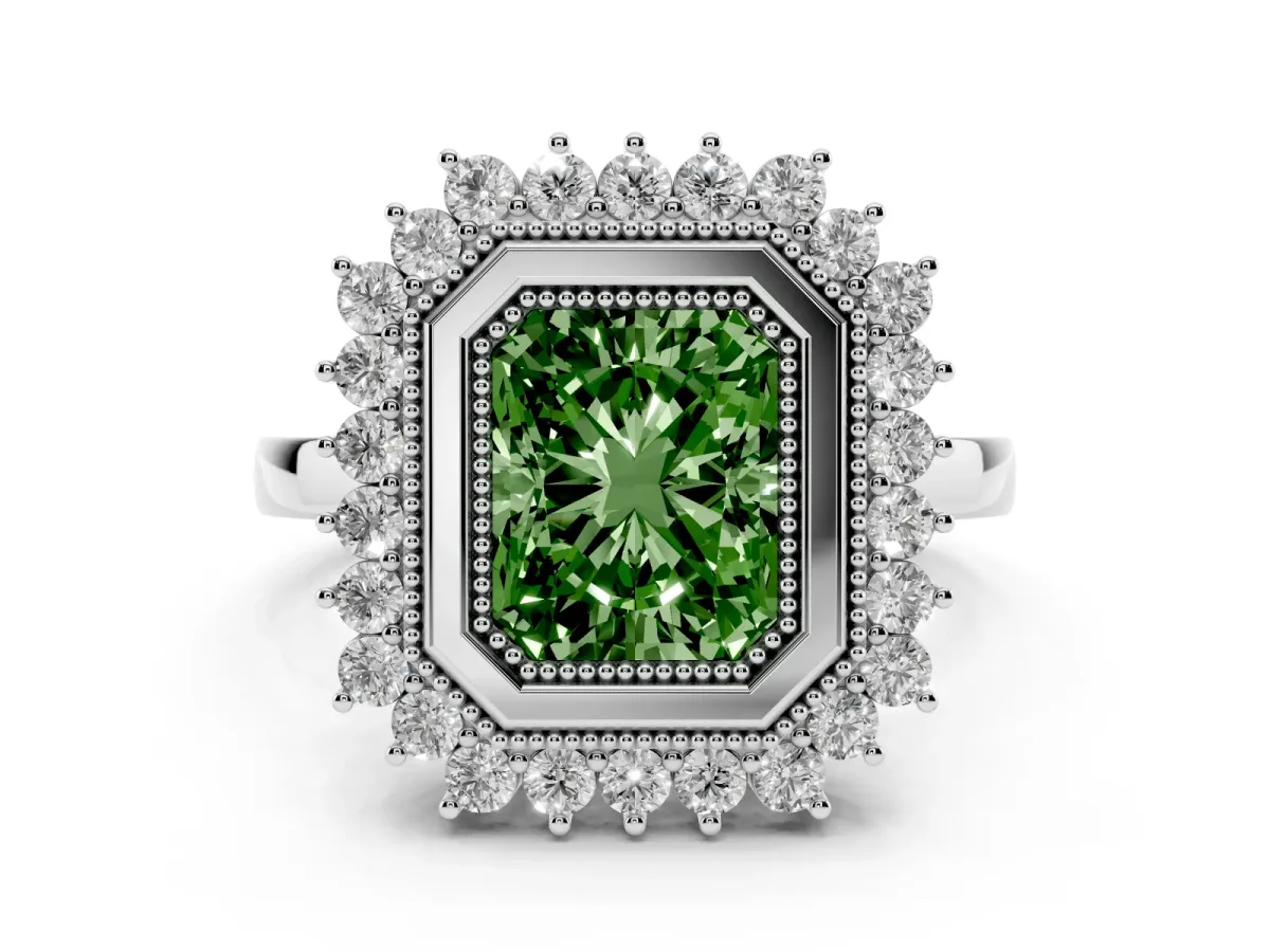 Fancy Green Radiant Cut Halo Diamond Ring with Milgrain Edge and Round Prong Setting Silver