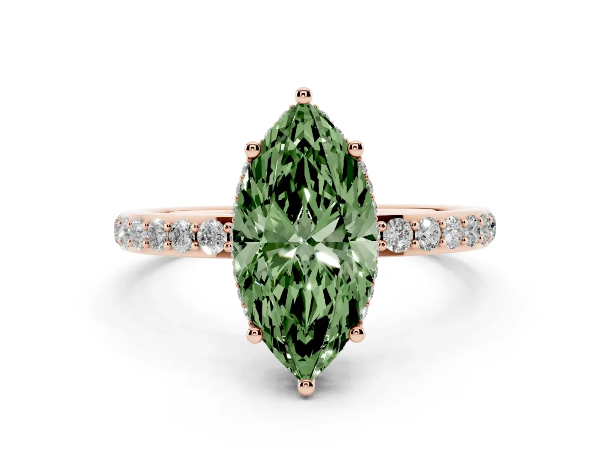 Fancy Green Marquise Cut Diamond Solitaire Ring with Pavé Band and Hidden Halo Rose gold