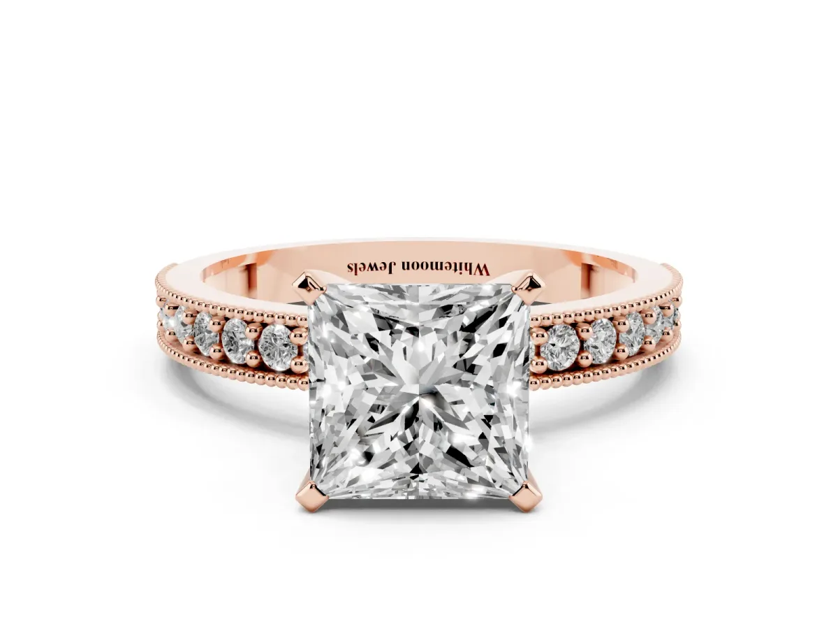 Princess Cut Diamond Milgrain Pavé Engagement Ring with Four-Prong Setting Rose gold