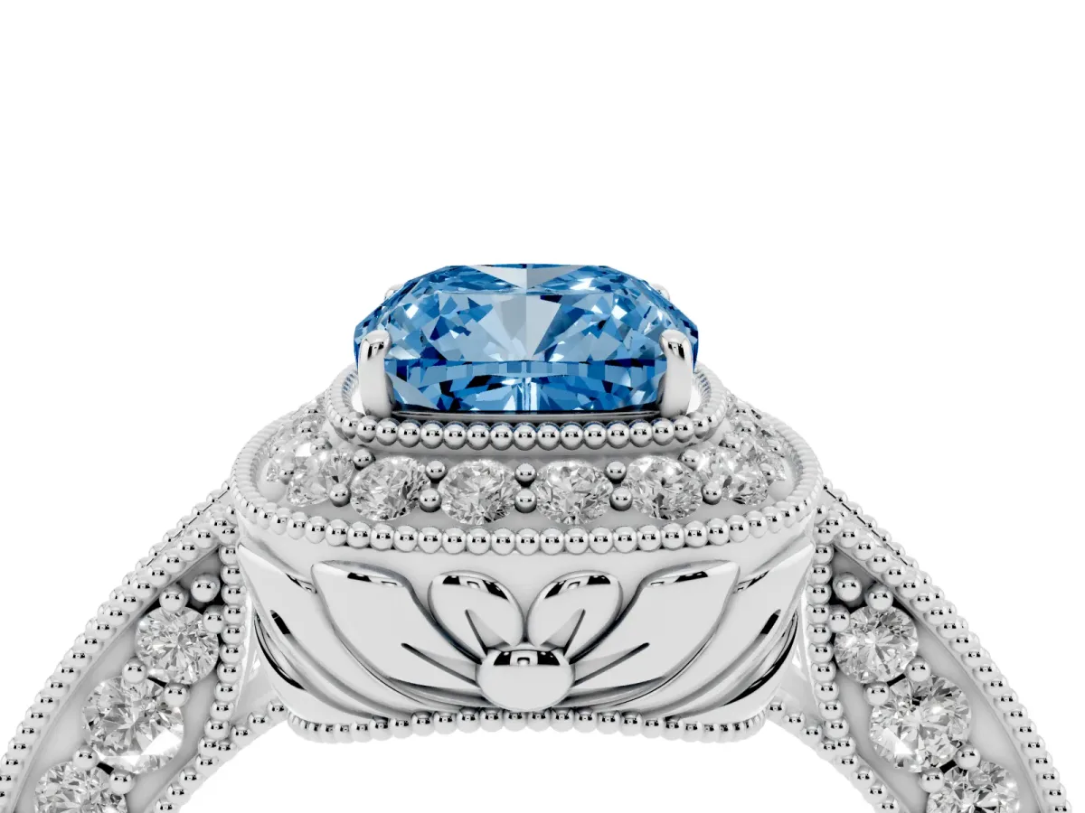 Fancy Blue Cushion Cut Halo Diamond Split Shank Ring with Milgrain Detail Silver