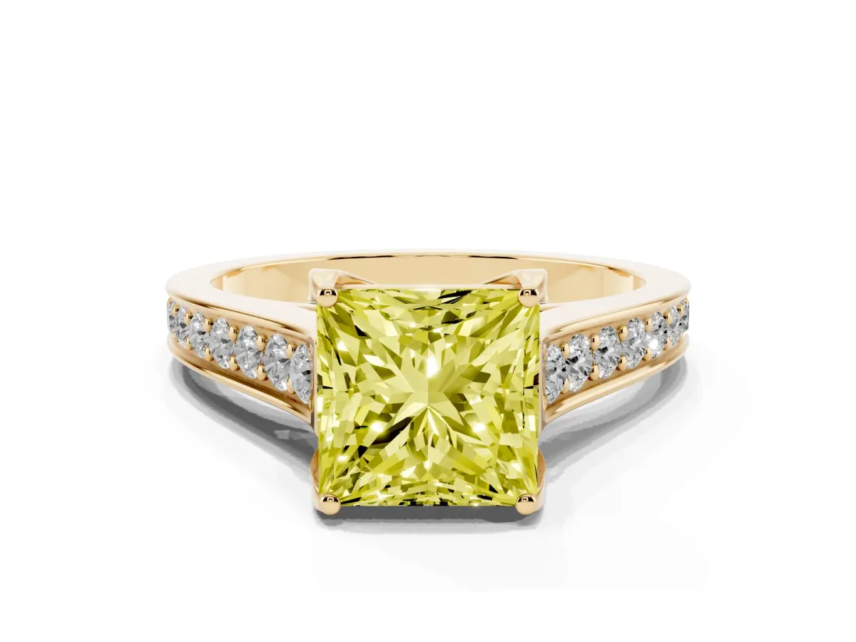 Fancy Yellow Princess Cut Brilliant Cut Diamond Engagement Ring with Pavé Band and Four-Prong Setting Yellow gold