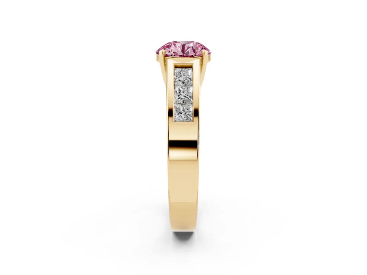 Fancy Pink Round Cut Cut Channel Set Solitaire Ring with Four-Prong Setting Yellow gold