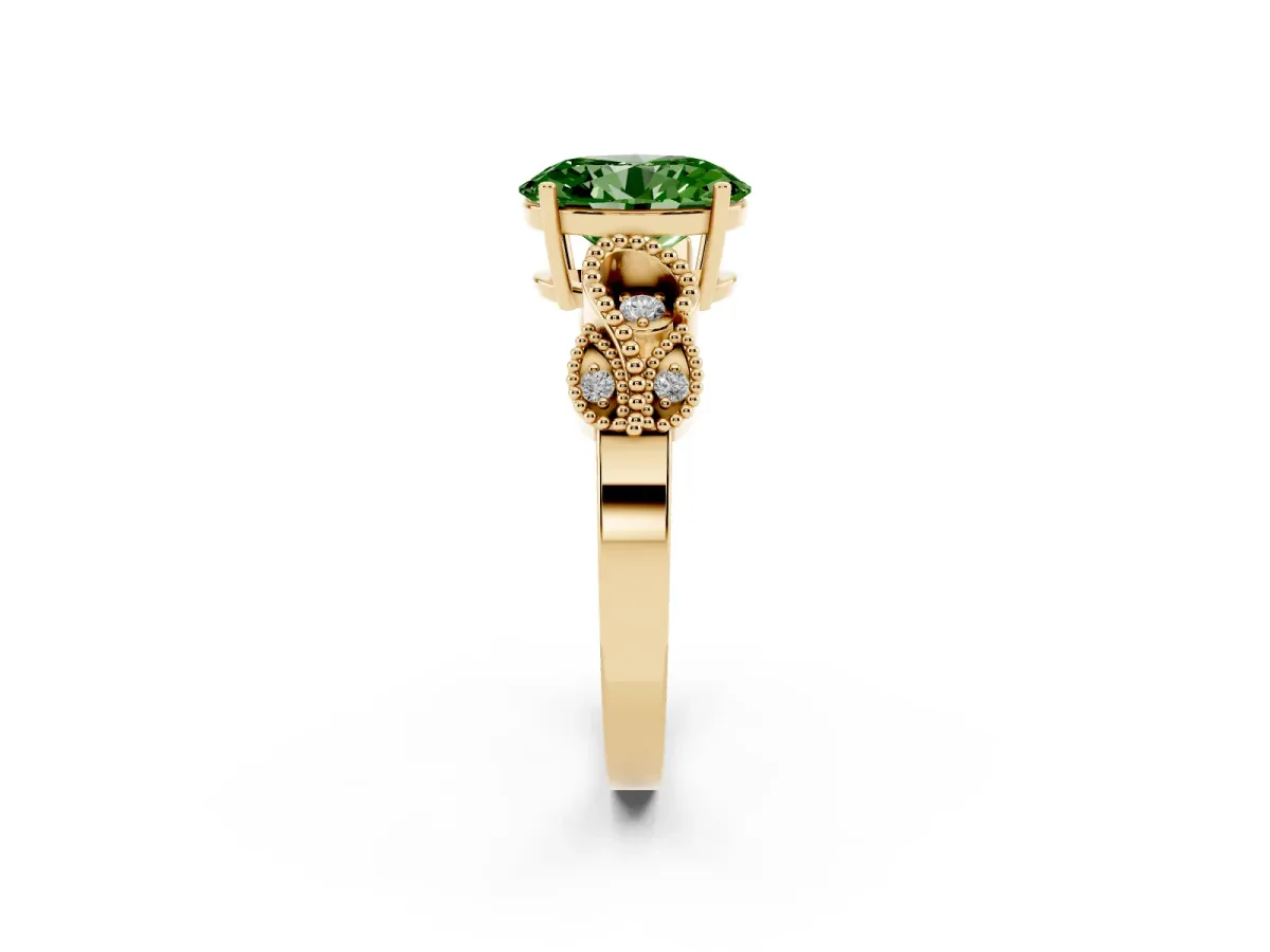 Fancy Green Oval Cut Solitaire Milgrain Leaf Band with Prong Setting Yellow gold