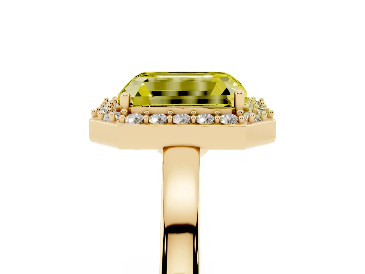 Fancy Yellow Radiant Cut Halo Diamond Ring with Solitaire Band and Prong Setting Yellow gold