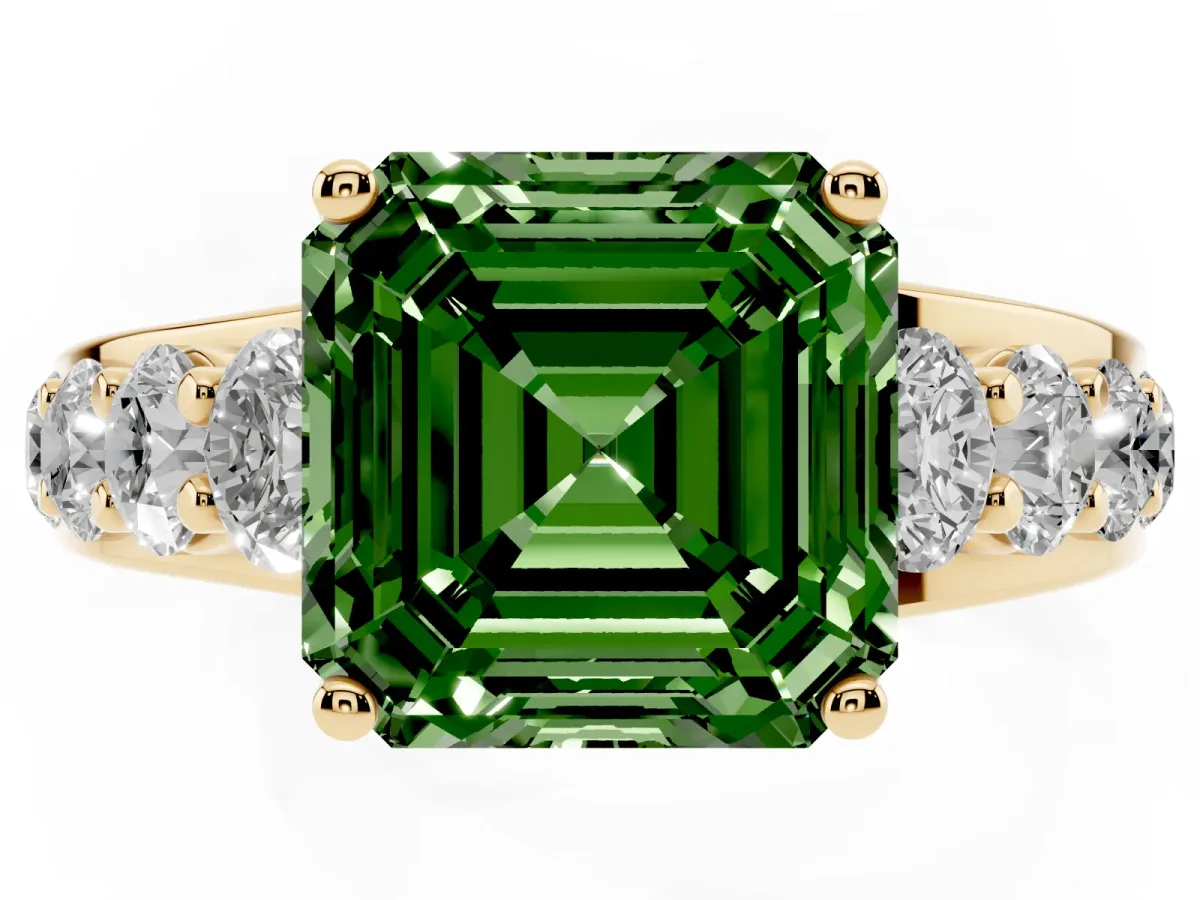 Fancy Green Asscher Cut Diamond Engagement Ring with Pavé Band and Four-Prong Setting Yellow gold