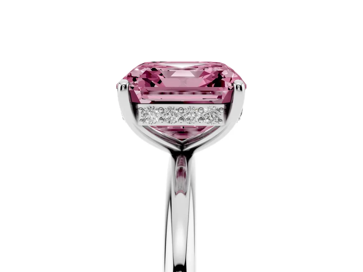 Fancy Pink Asscher Cut Solitaire Diamond Ring with a Classic Band and Four-Prong Setting Silver