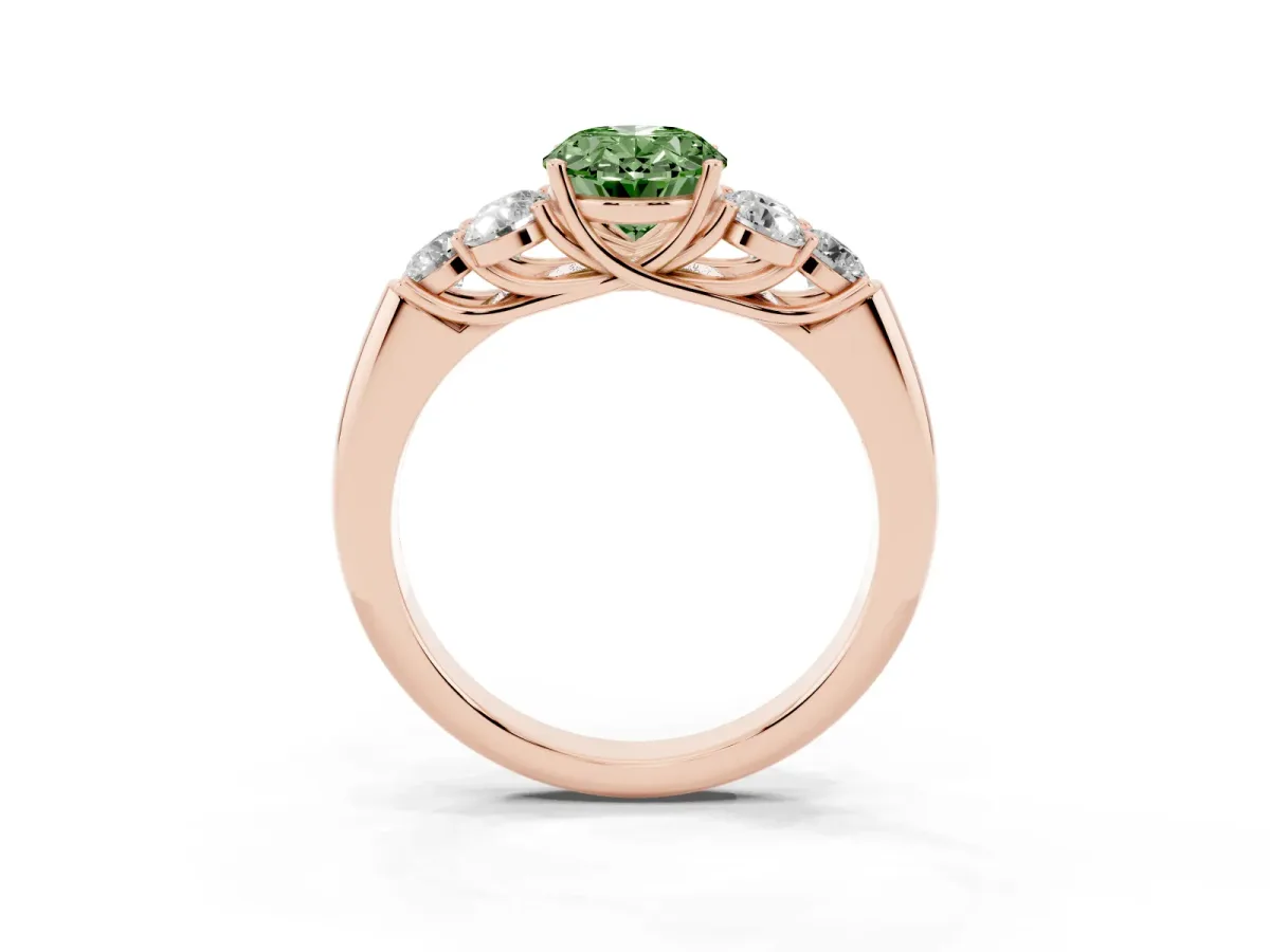 Fancy Green Oval Cut Cut Diamond Cluster Ring with Round Accent Stones and Prong Setting on a Classic Band Rose gold
