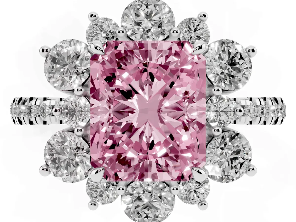 Fancy Pink Radiant Cut Diamond Floral Halo Ring with Round Pavé Band and Prong Setting Silver