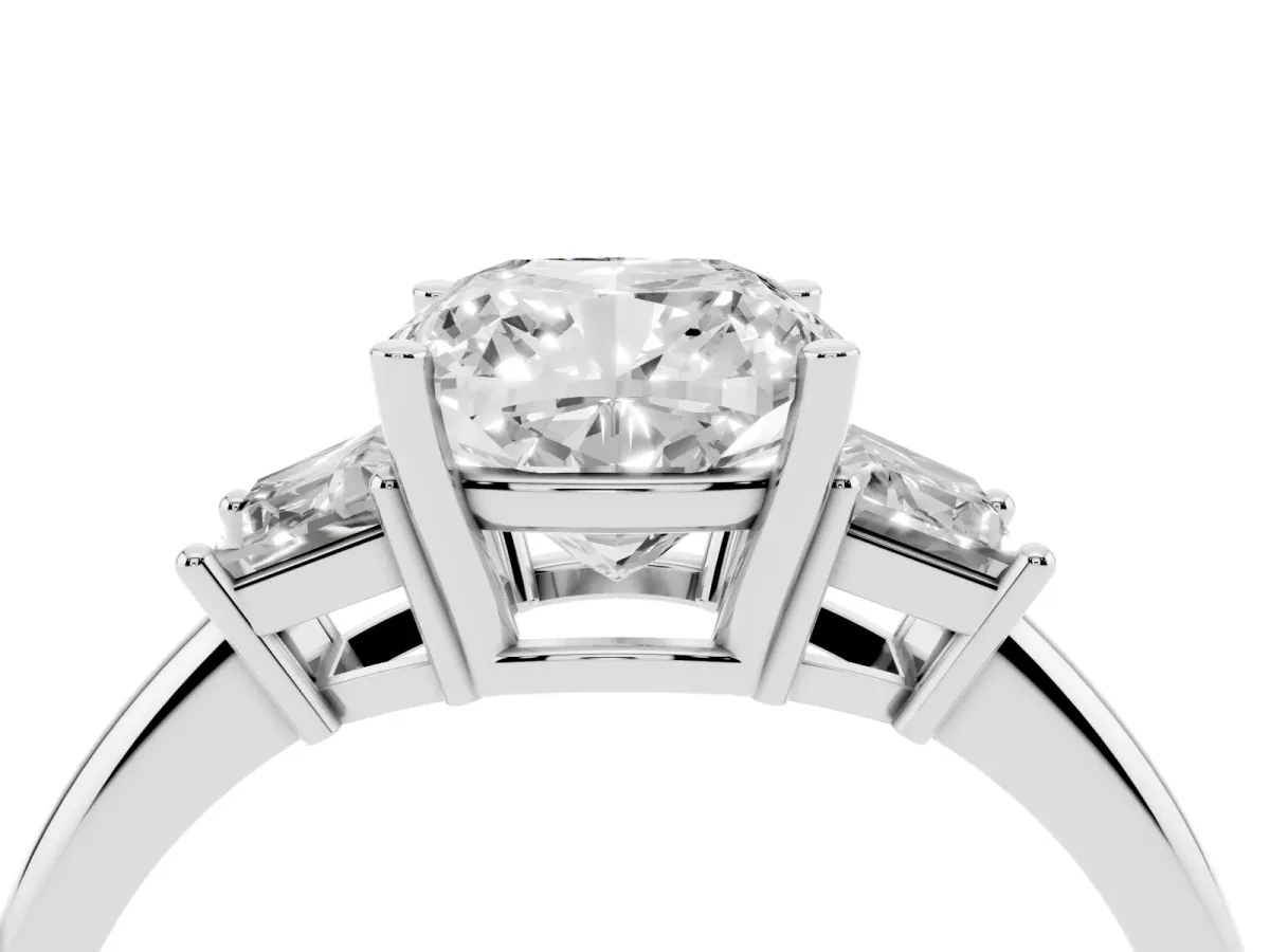 Cushion Cut Diamond Three-Stone Ring with Trapezoid Side Stones and Prong Setting Silver