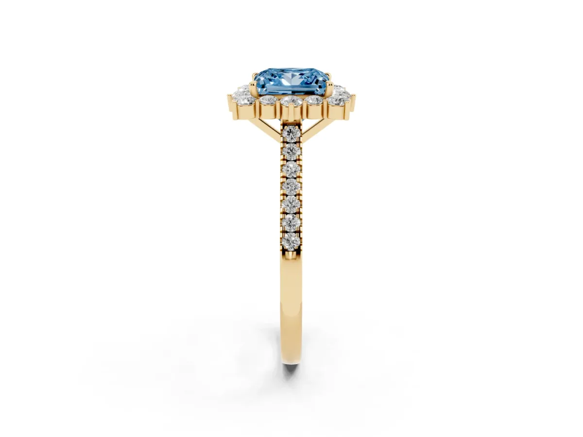 Fancy Blue Princess Cut Halo Diamond Ring with Pavé Band and Prong Setting Yellow gold