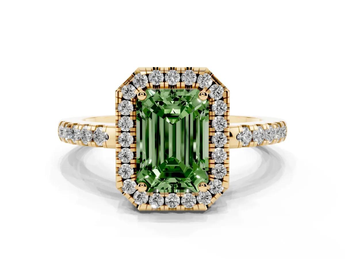 Fancy Green Emerald Cut Halo Diamond Engagement Ring with Pavé Band and Four-Prong Setting Yellow gold