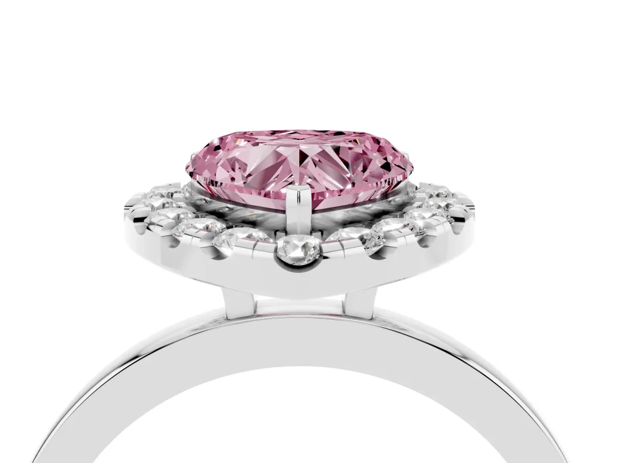 Fancy Pink Heart Cut Halo Diamond Solitaire with Pavé Band and Four-Prong Setting Platinum