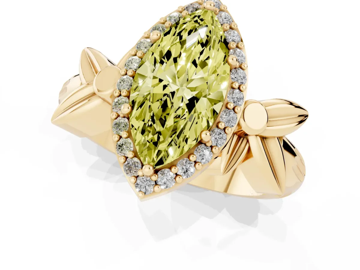 Fancy Yellow Marquise Cut Halo Diamond Floral Band with Four-Prong Setting Yellow gold