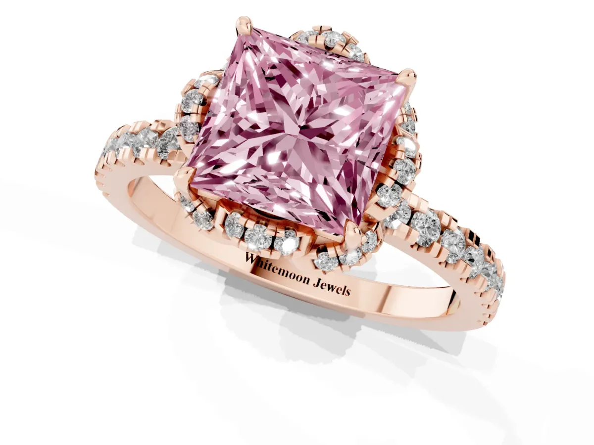 Fancy Pink Princess Cut Diamond Halo Pave Band with Four-Prong Setting Rose gold