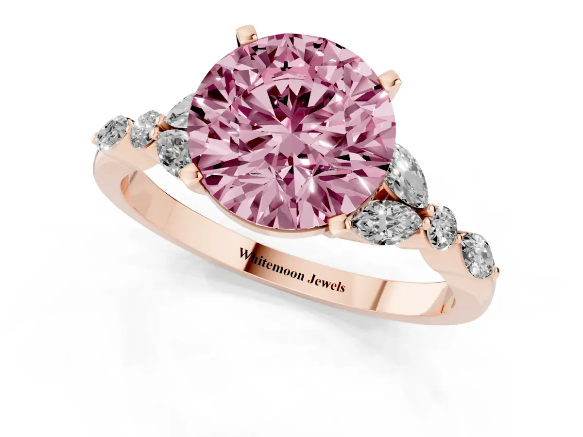 Fancy Pink Round Cut Diamond Solitaire Ring with Side Stones and Four-Prong Setting Rose gold