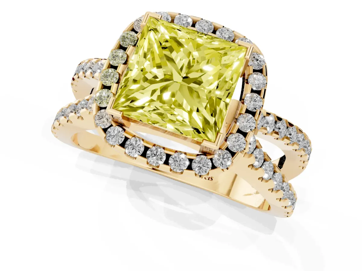 Fancy Yellow Princess Cut Diamond Halo Ring with Split Shank Pavé Band and Prong Setting Yellow gold