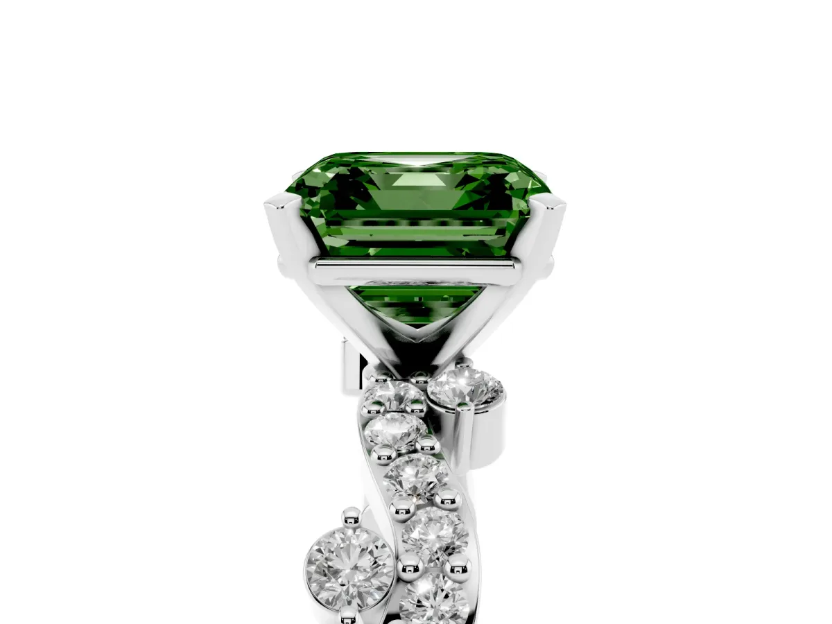 Fancy Green Asscher Cut Cut Solitaire Diamond Twisted Band with Pave Setting Silver