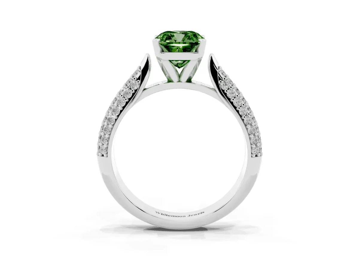 Fancy Green Cushion Cut Diamond Solitaire Engagement Ring with Multi-Row Round Pavé Band and Prong Setting Platinum