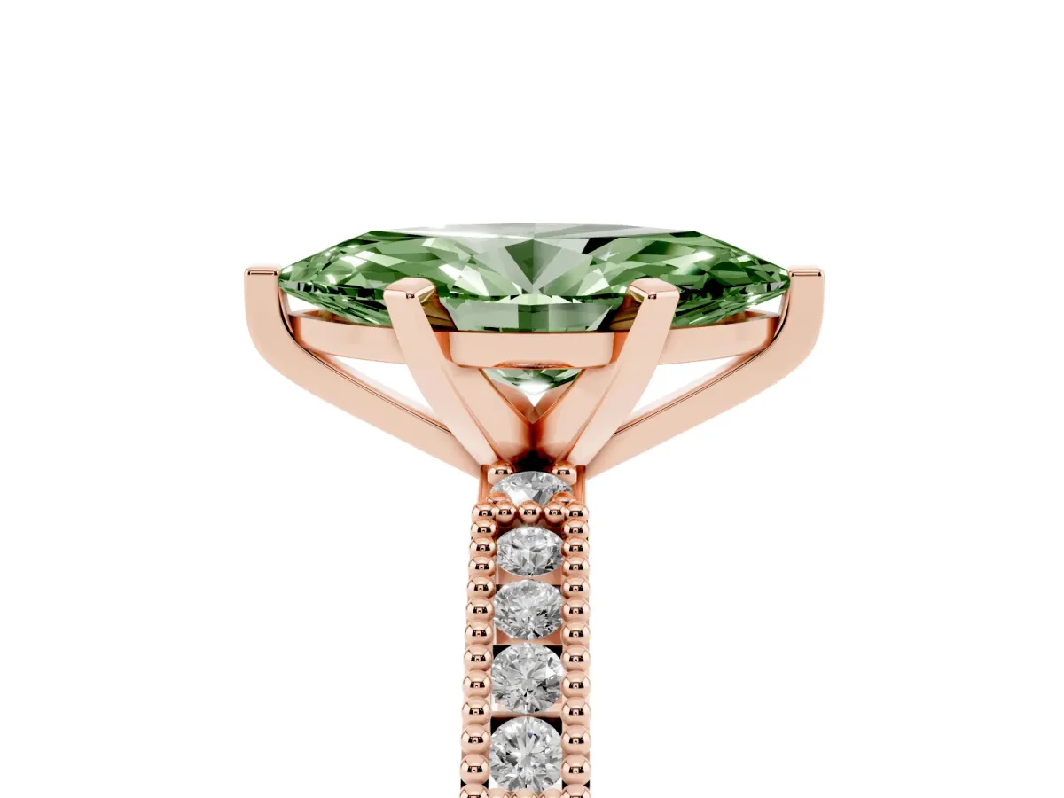 Fancy Green Marquise Cut Solitaire with Pavé Band and Four-Prong Setting Rose gold