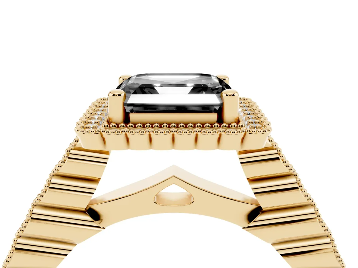 Fancy Black Asscher Cut Cut Halo Pavé Solitaire Ring with Milgrain Band Yellow gold