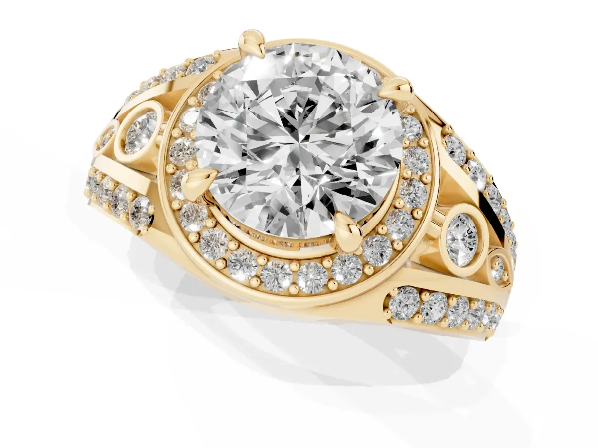Round Cut Diamond Halo Ring with Split Shank and Bezel Accents and Four-Prong Setting Yellow gold