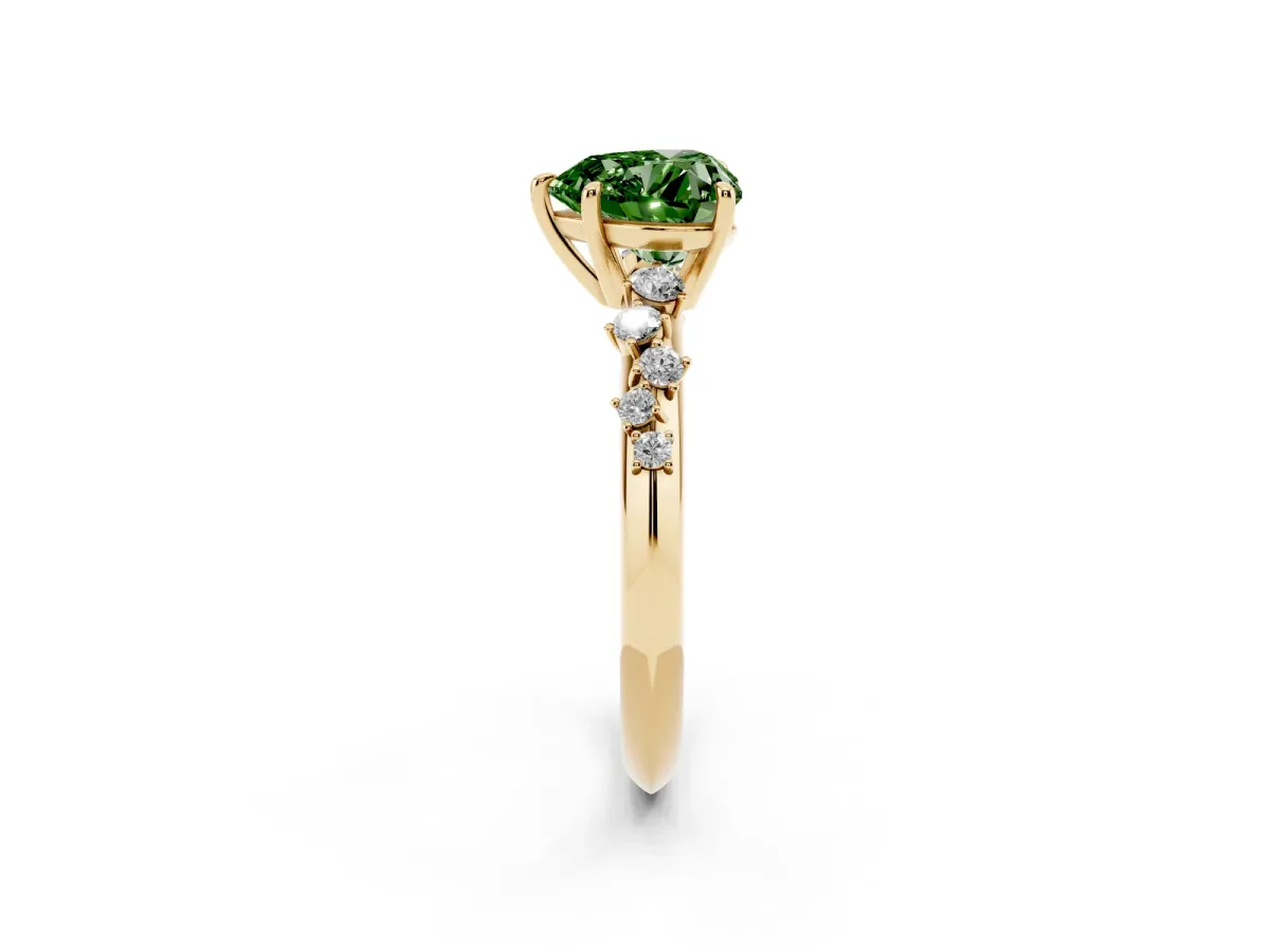 Fancy Green Heart Cut Diamond Cluster Side Stone Solitaire Ring with Prong Setting Yellow gold