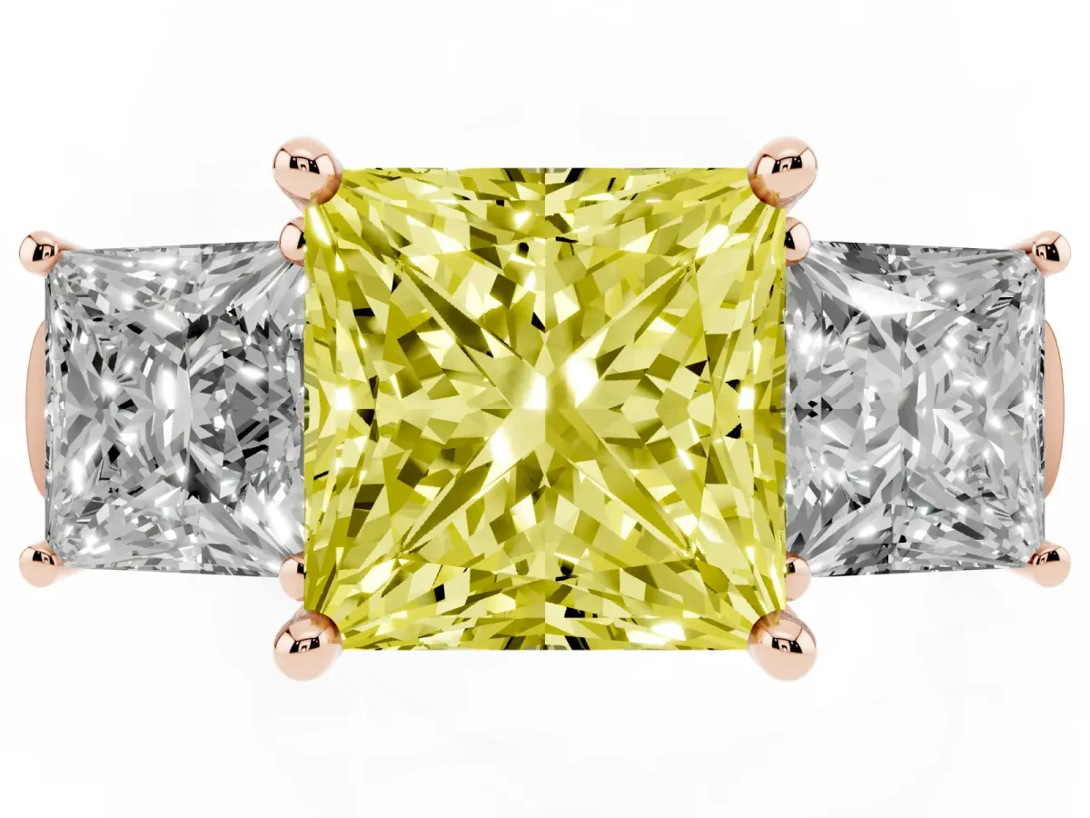 Fancy Yellow Three-Stone Princess Cut Brilliant Diamond Trellis Ring with Comfort Fit Band Rose gold