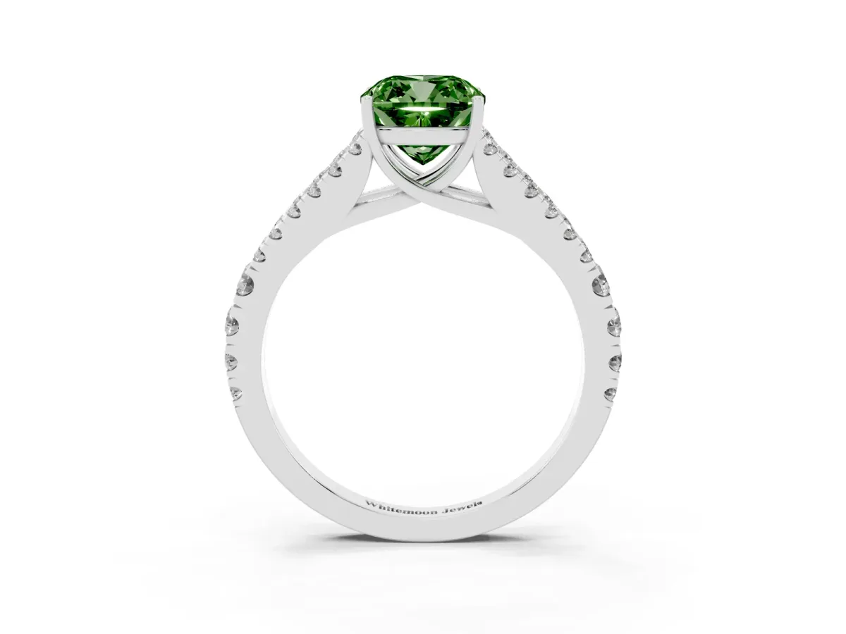 Fancy Green Cushion Cut Diamond Split Shank Engagement Ring with Round Pavé and Prong Setting Silver